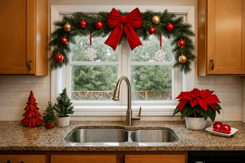 a kitchen sink with a window and a garland over it