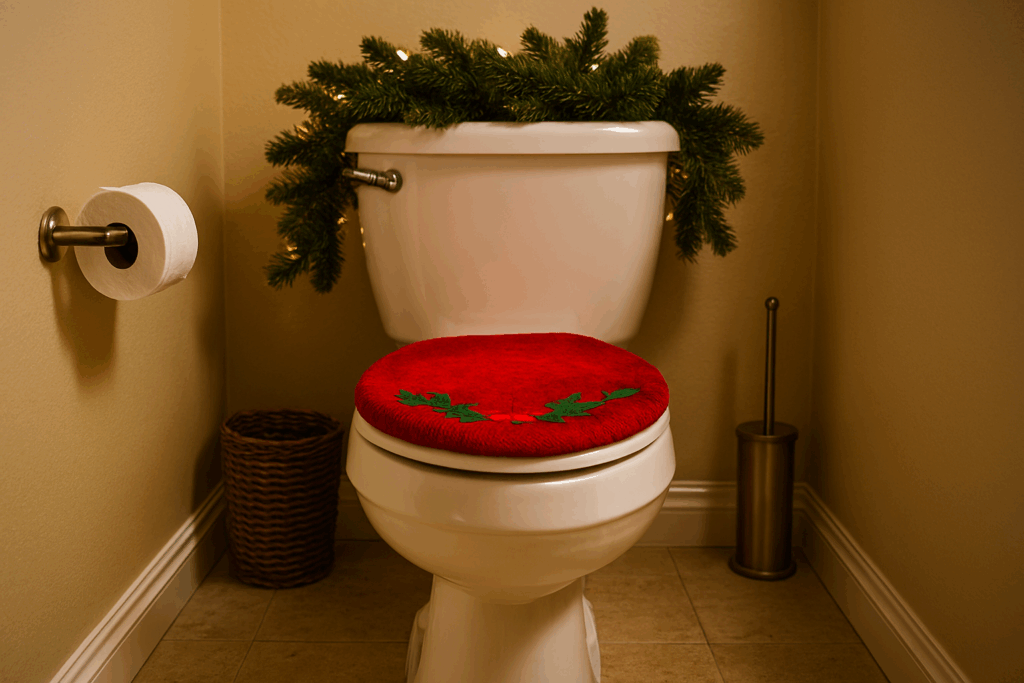 a toilet with a red cover and a christmas tree on the top