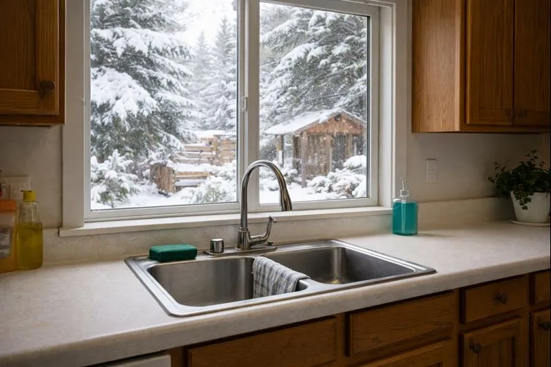 Cozy kitchen with snowy window view