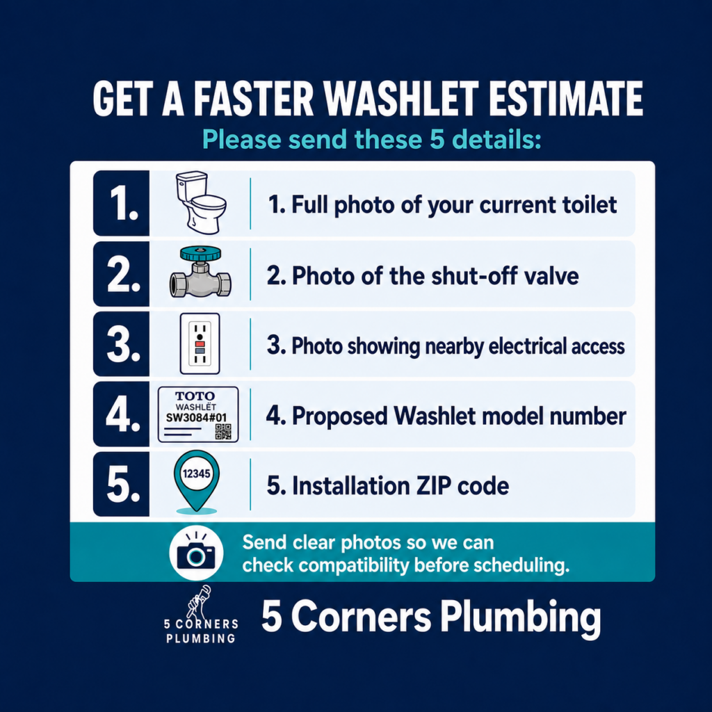 Five photos and details needed for a Toto Washlet installation estimate from 5 Corners Plumbing