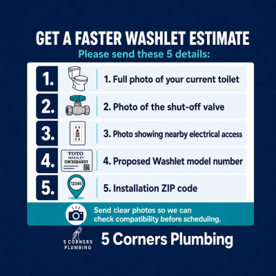 Five photos and details needed for a Toto Washlet installation estimate from 5 Corners Plumbing