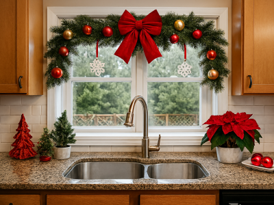 a kitchen sink with a window and a garland over it