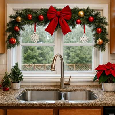 a kitchen sink with a window and a garland over it