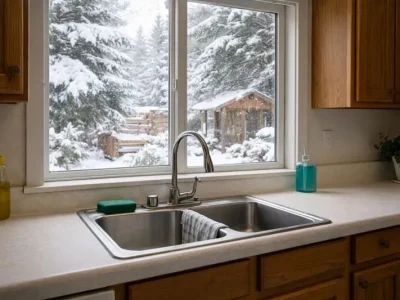 Cozy kitchen with snowy window view