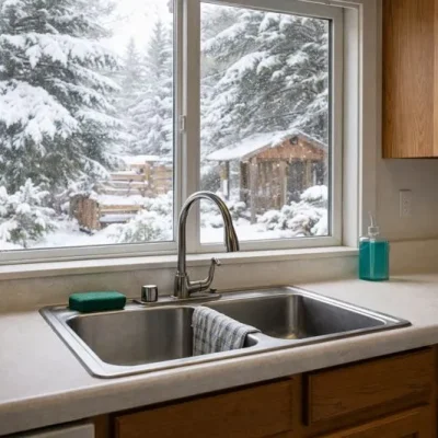 Cozy kitchen with snowy window view
