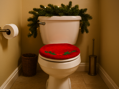 a toilet with a red cover and a christmas tree on the top