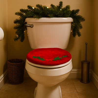 a toilet with a red cover and a christmas tree on the top