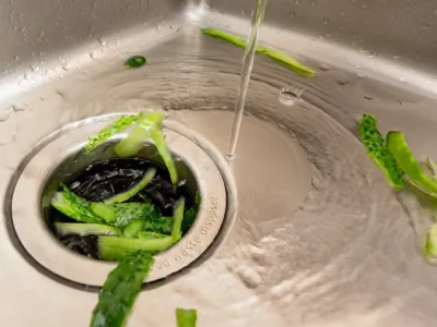 a water running over a sink